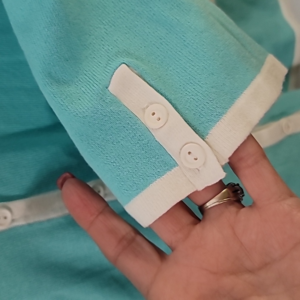 Karen Scott Tiffany Blue Cardigan with White Trim - Picture 7 of 8